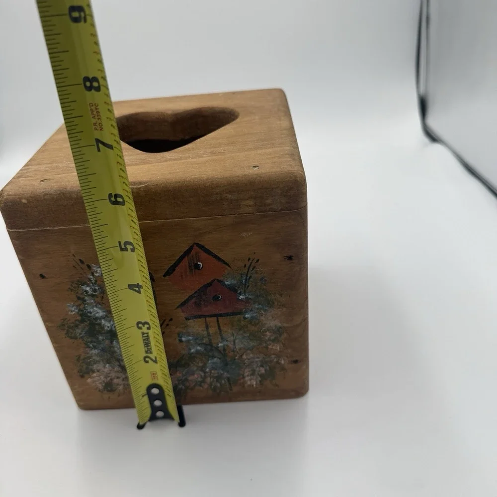 Vintage Hand Painted Wooden Heart Tissue Box Cover Birdhouse Folk Art 6x6